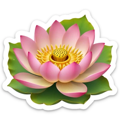 Simple pink lotus flower with accurate yellow seedpod center with distinct holes for seeds, surrounded by pink petals and characteristic notched lotus leaf sticker