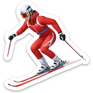 An icon featuring snowy peaks, pine trees, and a picturesque mountain landscape with a skier racing down a snow-covered slope. The sky is blue with soft clouds, capturing the thrill and beauty of alpine skiing. Transparent background highlights the excitement and serenity of winter sports. sticker