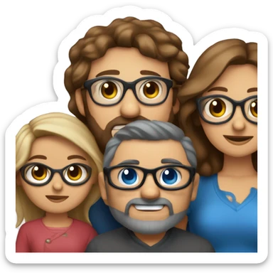FAMILIA DE 4 PERSONAS Y UN PERRO MARRÓN PEQUEÑO. BEBE RUBIO OJOS AZULES, NIÑO RUBIO CON GAFAS AZULES OJOS MARRONES, MAMA RUBIA OJOS AZULES GAFAS NEGRAS Y PAPA CASTAÑO CON BARBA sticker