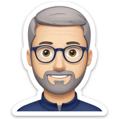 Caucasian man with oval face, hair cut extremely short and tight to head (military style), short beard with gray streaks, large black eyeglasses, cheerful expression, wide body type, navy blue long sleeve sweatshirt with quarter zip sticker