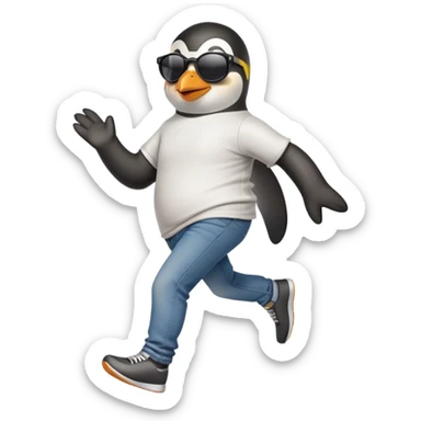 friendly anthropomorphised penguin in jeans and a t-shirt, wearing dark sunglasses, jogging upright, relaxed pose sticker