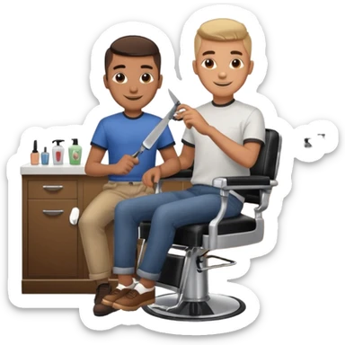 Barber cutting teenage boys hair. Show the boy sat in black barber chair and both having smiles on their faces sticker