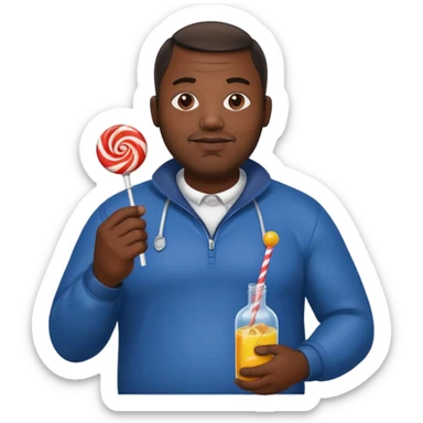 Big black man hold a bottle and a lollipop sticker