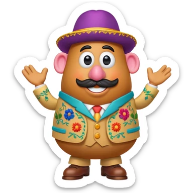 Create a 3D Pixar-style Mr. Potato Head character with a rounded, slightly uneven shape, expressive eyes, a wide smile, and cartoonish limbs, dressed in a colorful suit with intricate embroidery and a vibrant colorful hat sticker