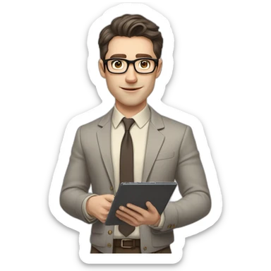 Pale skinned fit man with dark brown hair in gray jacket, beige office shirt, brown tie, brown pants and vintage glasses Writing on the tablet sticker