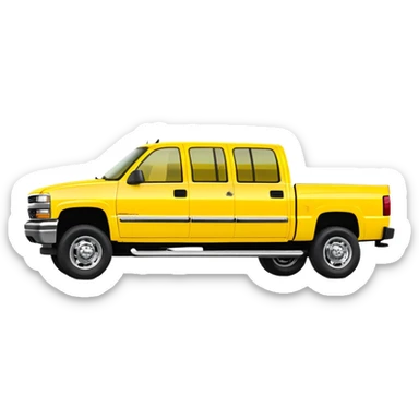Bright yellow 1997 Chevrolet C-2500 Crew Cab Silverado pickup truck from Kill Bill movie, 30-degree angle view, iconic bright yellow color scheme, four-door crew cab, iOS emoji style sticker