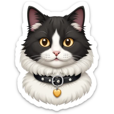 Black n white fluffy cat with a collar sticker
