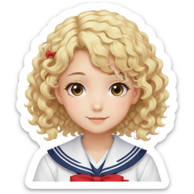 Sweet anime girl with blonde curly hair wearing Japanese sailor style school uniform, gentle smile, kawaii style sticker