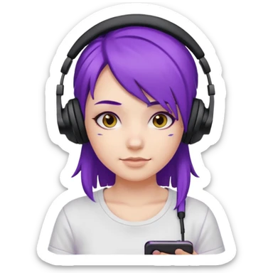 Gamer Girl with black Headset + Purple Hair, white T-shirt sticker
