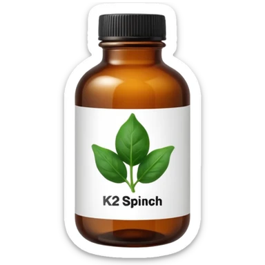 brown glass bottle of supplements with white label, black thin title K2 and small spinach emoji sticker