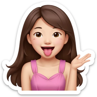 asian girl with long brown hair and fair skin wearing pink dress laughing while sticking tongue out sticker