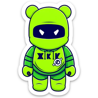 cool bearbrick wearing a vibrant lime green balaclava with a dark symbol sticker