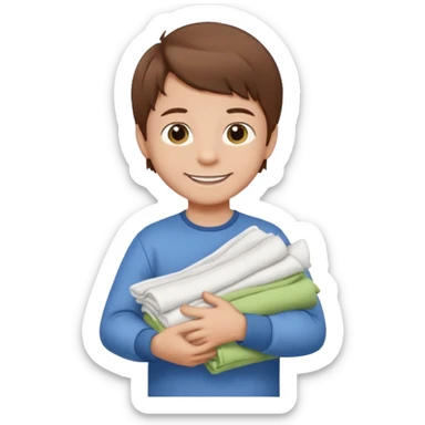 Little boy with brown hair smiling and carrying a stack of clean folded clothes sticker