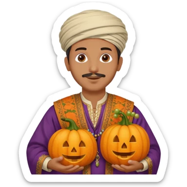 Tan Moroccan man sitting holding with pumpkin and grapes in countryside  sticker