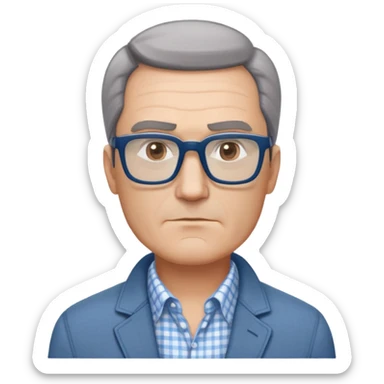 50-year-old man with square face, large dark square glasses, short straight hair combed to the side with some gray. Serious-relaxed expression with subtle age lines. Light gray jacket, white shirt with blue checkered pattern. sticker