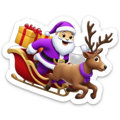 Santa Claus dressed in purple running with his sleigh and reindeer to deliver presents sticker