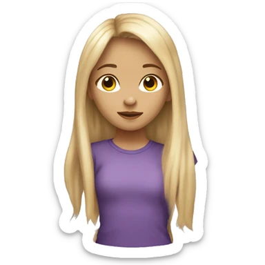 12 years old girl with blond hair and long hair with bang, with a purple shirt and a baggy jean and light skin sticker