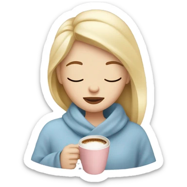 Blonde girl inside a light pink blancket sipping coffee eyes closed white skin blue eyes  sticker