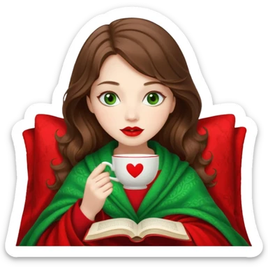 Long wavy brown haired, white skinned, green eyed girl with red lipstick wrapped in a blanket, sipping tea and reading a book sticker