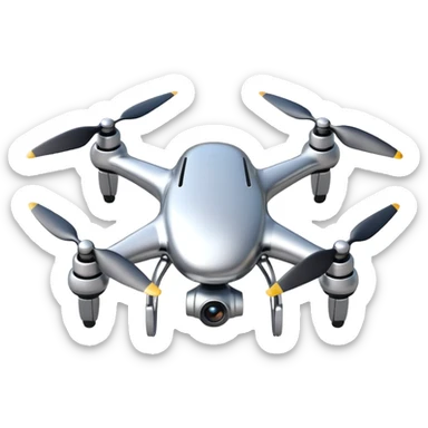 A futuristic drone emoji made of polished silver chrome, smooth rounded body, minimal propellers, reflective metallic surface, soft studio lighting, iOS emoji style, centered, clean white background sticker