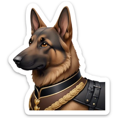 Cinematic Noble Tan/Black German Shepherd Portrait Emoji, Poised and regal, with a strong, athletic build and a dense, well-groomed coat in rich tan accented by a classic black saddle, deep-set soulful brown eyes, Simplified yet sharp and sophisticated features, highly detailed, glowing with a soft, dignified glow, high shine, intelligent and loyal, stylized with an air of authority, focused and attentive, soft glowing outline, capturing the essence of a watchful and commanding guardian, so majestic it feels as though it could stride out of the screen with effortless authority! sticker