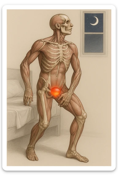 CORPO UMANO ANATOMICO CHE SI SVEGLIA LA NOTTE PER SVUOTARE LA VESCICA, VESCICA ANATOMICA IN EVIDENZA, SFONDO CHIARO NEUTRO sticker