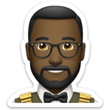black soldier with beard, part in hair, white collared shirt, bow tie, gold glasses, bulletproof vest  sticker