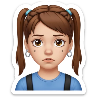a white girl with brown hair in short pigtails with piercings frowning sticker