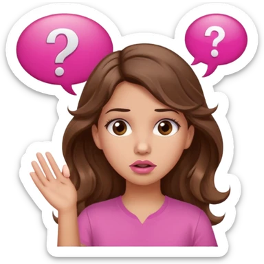 girl with long wavy brown hair, brown eyes, light to medium complexion, in a pink shirt, pink lips, long lashes, confused, question mark speech bubble sticker
