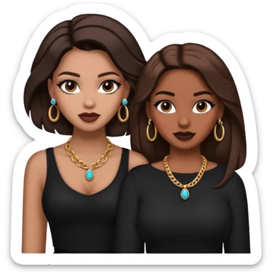 Boujy baddie best friends, trendy heavy makeup both dark hair one light skinned and one mocha brown pretty hair style both wearing black and earrings and necklace one mocha brown skin sticker