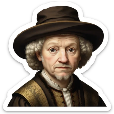 cinematic-portrait-of-rembrandt,-shown-as-a-master-artist-with-deep,-introspective-eyes-and-richly-detailed-period-clothing,-rendered-with-dramatic-chiaroscuro-lighting-that-emphasizes-his-legacy sticker