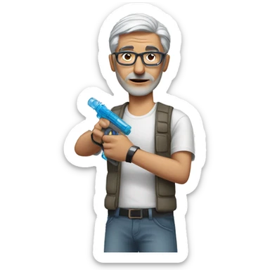 Turkish man with grey hair and protective glasses and white t-shirt aiming a water gun with one hand while standing sideways sticker