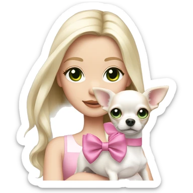 pale blond girl with long platinum hair with green eyes holding a white chihuahua puppy that wearing a pink bow sticker