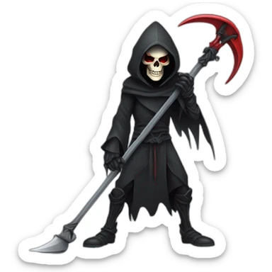 a cartoon character of Grim Reaper holding a scythe, crown, skull, hood, red eyes sticker