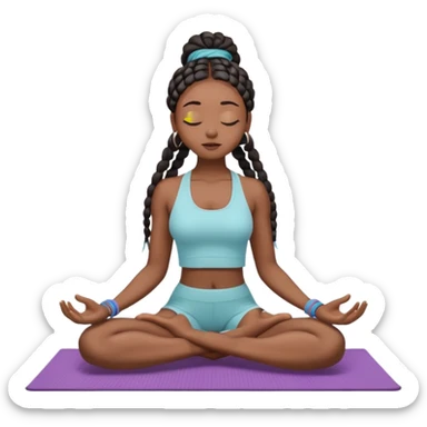 A dark-skinned Black woman with long box braids, sitting cross-legged on a yoga mat, eyes closed, hands on knees, wearing a fitted yoga set. sticker