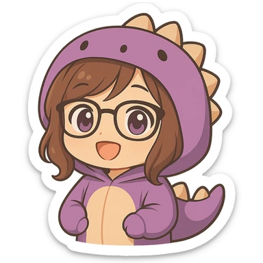 Edit the image to depict a chibi anime style girl with glasses, brown hair, dark purple eyes, wearing a purple dinosaur costume, hands down, keep everything else the same, with no background, same style as reference. sticker