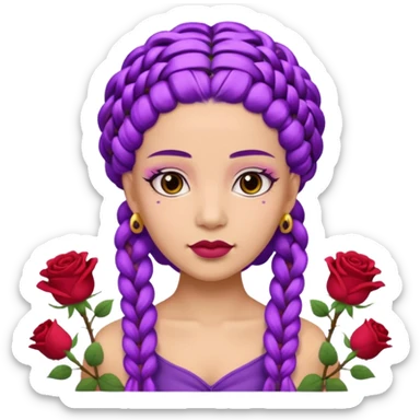 CrownedOlive skin queen with purple braids, brown eyes surrounded by roses sticker