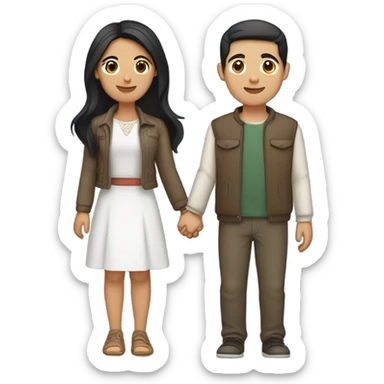 a couple holding hands. the guy has black middle part hair and is Persian and Filipino mix. the girl has brown medium length hair white and asian mix. the girl is where a crop top and the guy is wearing a jacket. sticker