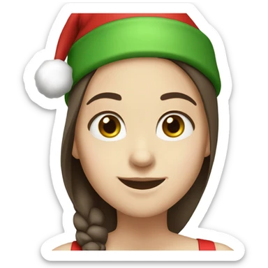 White skinned girl with green eyes and long dark brown straight hair with a Santa hat on smiling sticker