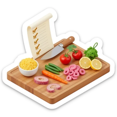 Ingredients on teh wooden cutting board with floating list with check box sticker