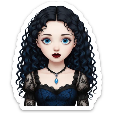 A girl with a dark red goth vampire look in a black goth lace dress with long sleeves longer black curly hair sticker