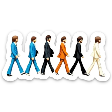Cinematic Realistic The Beatles Abbey Road Scene Emoji, depicting the legendary band of four crossing the iconic zebra-striped street in their classic outfits, exuding effortless charisma and musical legacy. The scene is bathed in warm, nostalgic lighting with rich textures that capture the essence of 1960s rock history. sticker