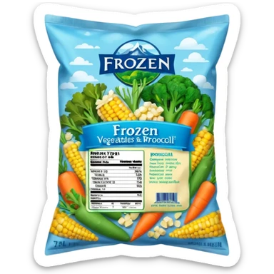 A colorful plastic bag of frozen mixed vegetables (peas, carrots, corn, and broccoli) with a bright label showing freshness and nutrition info. The bag surface has light frost and condensation. Placed in a freezer display section with other frozen food packs around it, real-life grocery store look. sticker