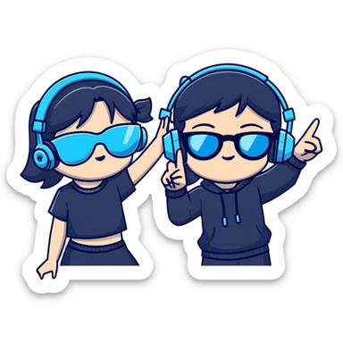 Gojo Satoru and his female protégé, both making peace signs, playful and energetic, Gojo with black shades and icy-blue eyes, protégé with long black hair, twin bows, cropped black top with cyan accents, blue headphones, sparkly background sticker