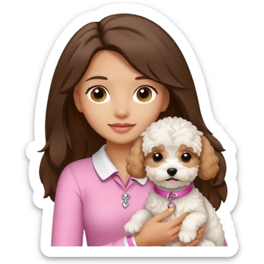 Kendall Jenner style brunette with long hair holding a white Maltipoo dog with a pink collar sticker
