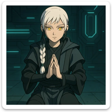  a closeup portrait of young woman with gold yellow eyes, white hair, long braid, black off-shoulder top, punk gothic style, futuristic cyberwave cyberpunk,  jedi attire, kneeling and gathering chi, jedi meditate sticker