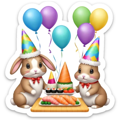 four bunnies together eating sushi at a birthday party, vibrant, balloons, streamers sticker