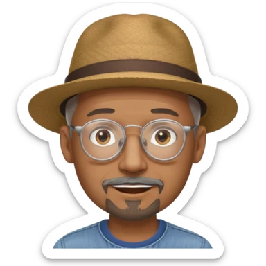 Brown man with wide rimmed hat no hair, gray goatee, clear glasses and slightly smiling sticker