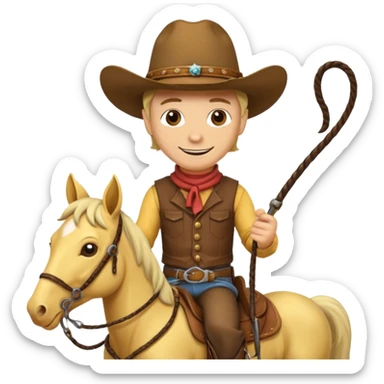 Cowboy riding a horse with whip. With yellow skin and smilling  sticker