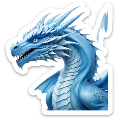 Cinematic Noble wise elegant Ice Dragon Portrait Emoji, Poised and imposing, distinct long elegant snout, with a slender, scaled body shimmering in glacial hues of icy blue, frostbitten silver, and crystalline white, breathing out frost, with piercing, glowing ice blue white eyes that radiate the chilling depths of an arctic storm; rendered in detail. Breathing out a frost mist sticker